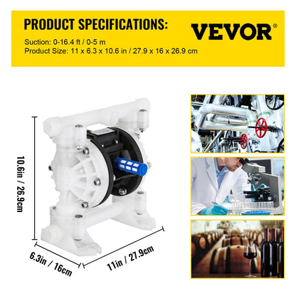 Air Double Diaphragm Pump 7GPM 100PSI Polypropylene Diaphragm Water Pump with 1/2 Inlet and Outlet Ports Air Pump Diaphragm 226.4ft Max Head Air Operated Diaphragm Pump with Sealed Ball Valve