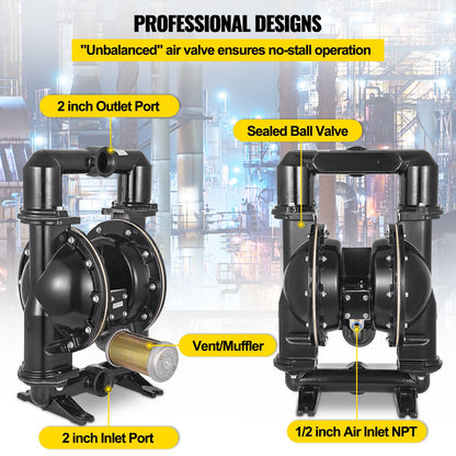 Luftdriven dubbelmembranpump, 2 tums inlopp och utlopp, kropp av aluminiumlegering, 75 GPM & Max 120PSI, Nitrilmembranöverföringspump för petroleum, diesel, olja och lågviskösa vätskor