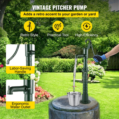 Hand Water Pump with Stand, 15.7 x 9.4 x 51.6 Inch Jug Pump and 26 Inch Pump Stand with Pre-Set 1/2" Holes for Easy Installation, Rustic Cast Iron Well Pump for Garden, Yard, Yard Irrigation, Green