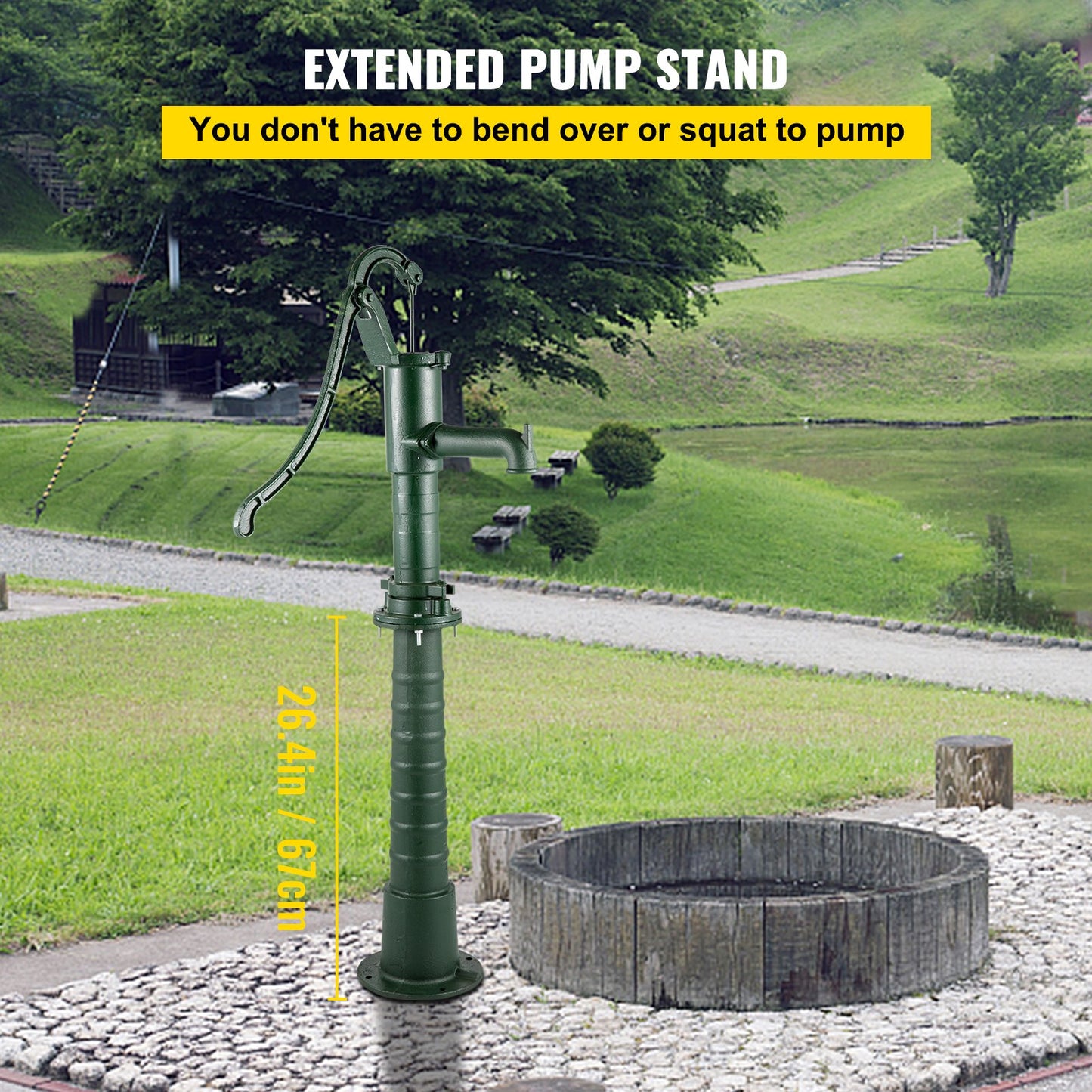 Hand Water Pump with Stand, 15.7 x 9.4 x 51.6 Inch Jug Pump and 26 Inch Pump Stand with Pre-Set 1/2" Holes for Easy Installation, Rustic Cast Iron Well Pump for Garden, Yard, Yard Irrigation, Green