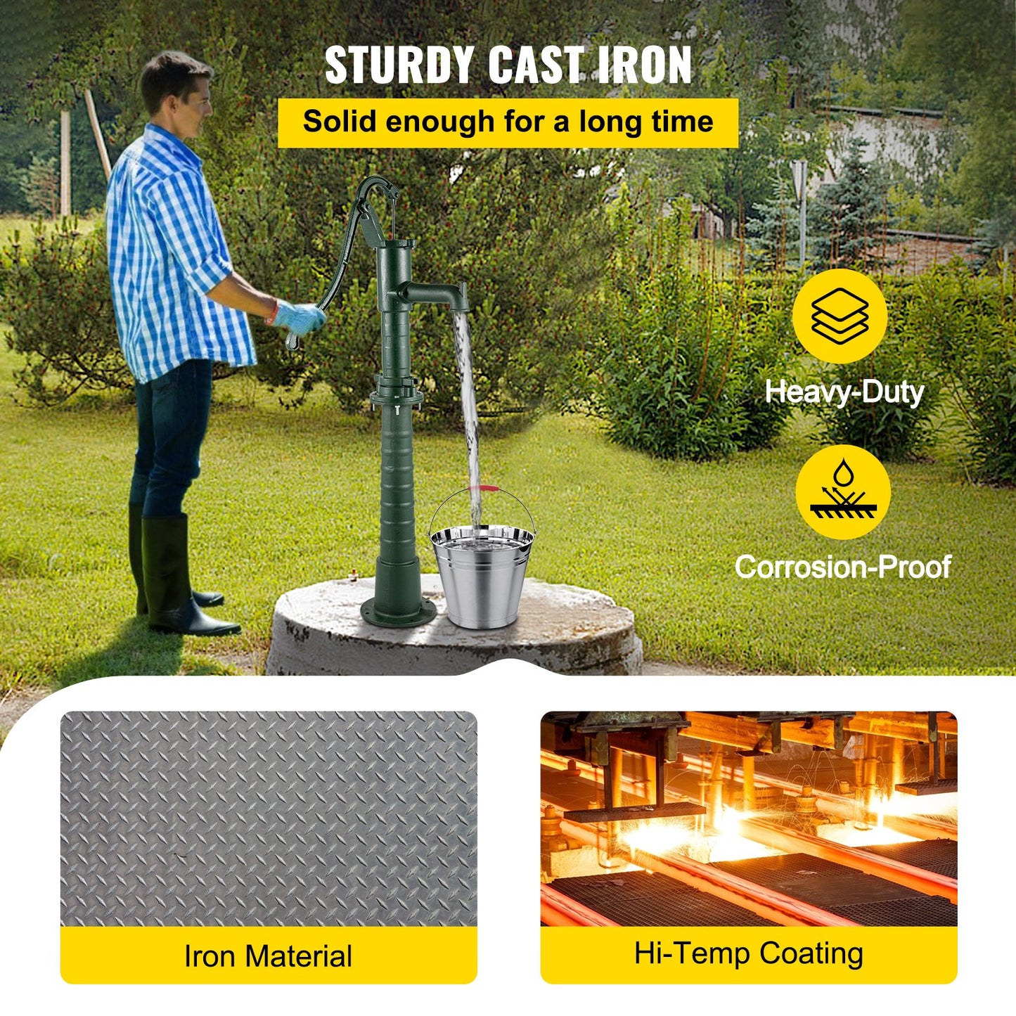 Hand Water Pump with Stand, 15.7 x 9.4 x 51.6 Inch Jug Pump and 26 Inch Pump Stand with Pre-Set 1/2" Holes for Easy Installation, Rustic Cast Iron Well Pump for Garden, Yard, Yard Irrigation, Green