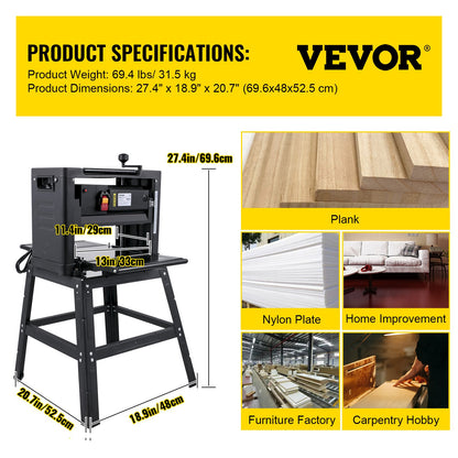 Thicknesser 13-inch Bench Planer 2000W Wood Planer 8000 rpm Wood Planer 10 AMP Wood Planer Foldable 6m/min Planing Speed with Iron Stand Dust Extractor for Woodworking Wood Plank