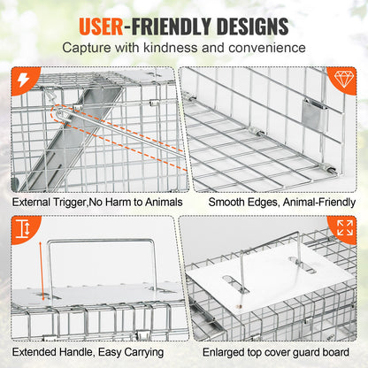 Live Animal Cage Trap, 24" x 8" x 8" Humane Cat Trap Galvanized Iron, Foldable Animal Trap with Handle for Rabbits, Stray Cats, Squirrels, Raccoons, Aardvarks and Opossums