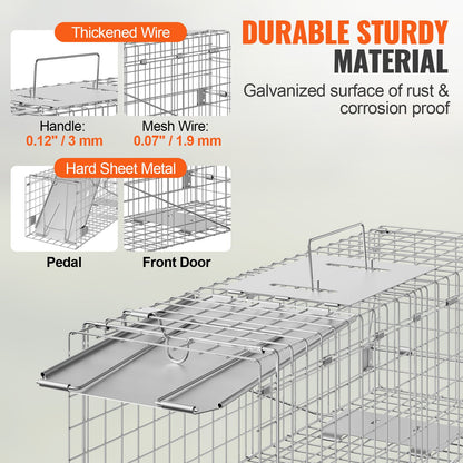 Live Animal Cage Trap, 24" x 8" x 8" Humane Cat Trap Galvanized Iron, Foldable Animal Trap with Handle for Rabbits, Stray Cats, Squirrels, Raccoons, Aardvarks and Opossums
