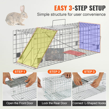 Live Animal Cage Trap, 24" x 8" x 8" Humane Cat Trap Galvanized Iron, Foldable Animal Trap with Handle for Rabbits, Stray Cats, Squirrels, Raccoons, Aardvarks and Opossums