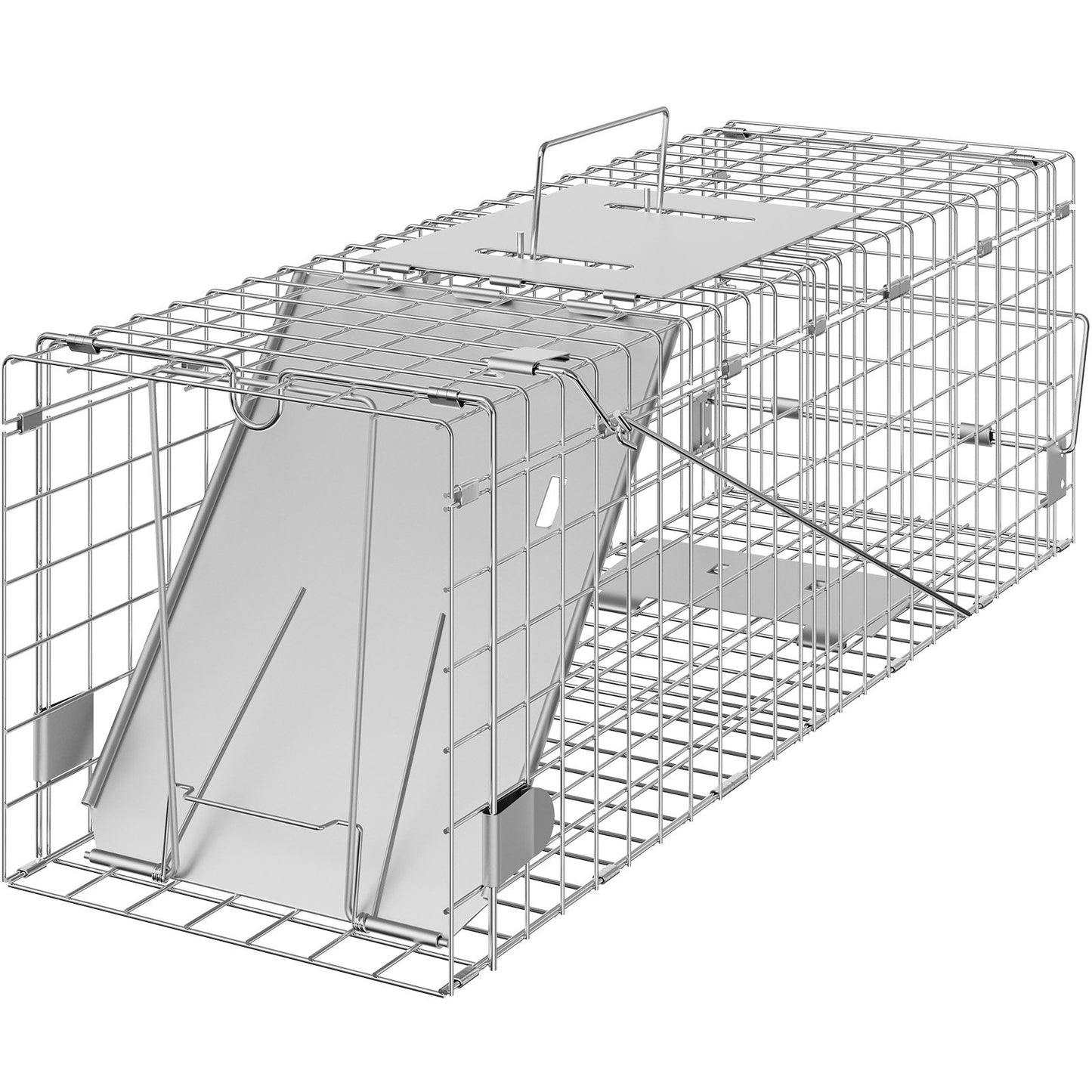 Live Animal Cage Trap, 24" x 8" x 8" Humane Cat Trap Galvanized Iron, Foldable Animal Trap with Handle for Rabbits, Stray Cats, Squirrels, Raccoons, Aardvarks and Opossums