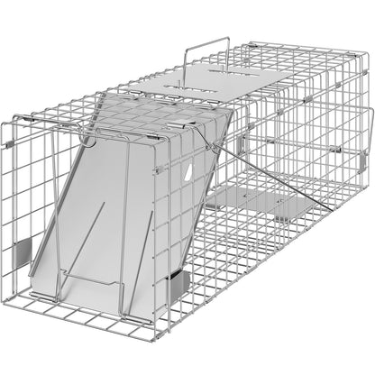 Live Animal Cage Trap, 24" x 8" x 8" Humane Cat Trap Galvanized Iron, Foldable Animal Trap with Handle for Rabbits, Stray Cats, Squirrels, Raccoons, Aardvarks and Opossums