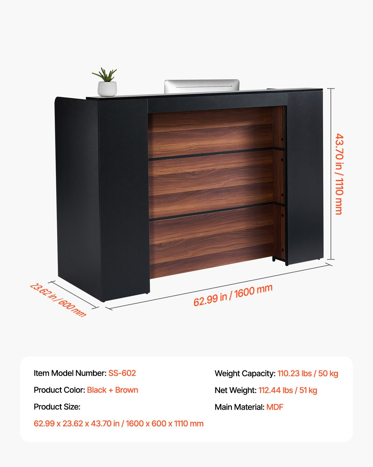 Reception desk rectangular front bench table 62.99 in salon office table