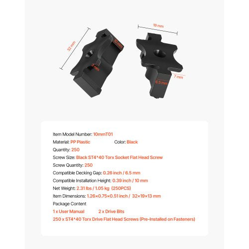 250 st dolda däckfästen för komposittrallbrädor, universella komposit-T-klämmor och dolda plastfästen med metallskruvar, polypropylen-PP-klämmor fungerar med 6,5 mm springor, svarta |  EU
