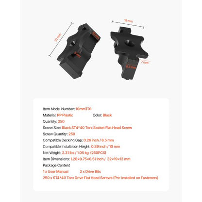 250 st dolda däckfästen för komposittrallbrädor, universella komposit-T-klämmor och dolda plastfästen med metallskruvar, polypropylen-PP-klämmor fungerar med 6,5 mm springor, svarta |  EU