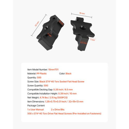 500 st dolda däckfästen för komposittrallbrädor, universella komposit-T-klämmor och dolda plastfästen med metallskruvar, polypropylen-PP-klämmor fungerar med 6,5 mm springor, svarta |  EU