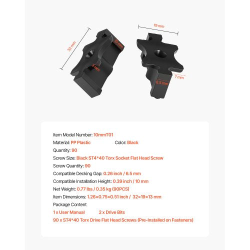 90 st dolda däckfästen för komposittrallbrädor, universella komposit-T-klämmor och dolda plastfästen med metallskruvar, polypropylen-PP-klämmor fungerar med 6,5 mm springor, svarta |  EU
