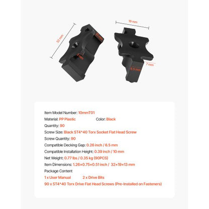 90 st dolda däckfästen för komposittrallbrädor, universella komposit-T-klämmor och dolda plastfästen med metallskruvar, polypropylen-PP-klämmor fungerar med 6,5 mm springor, svarta |  EU