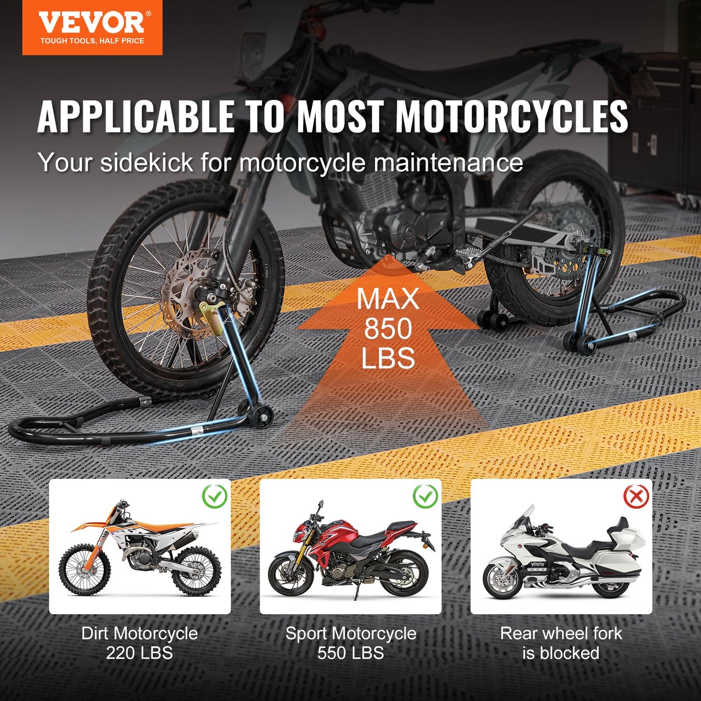 Motorcycle Stand Lift, 0.39 Ton Front Rear Combo Stand Lift Stand, Front and Rear Wheel Fork Stand, U+L Fork Swingarm Spool, Compatible with Most Yamaha Honda Kawasaki Suzuki Motorcycles, Black