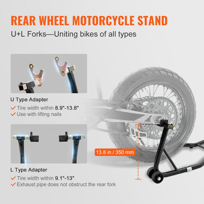 Motorcycle Stand Lift, 0.39 Ton Front Rear Combo Stand Lift Stand, Front and Rear Wheel Fork Stand, U+L Fork Swingarm Spool, Compatible with Most Yamaha Honda Kawasaki Suzuki Motorcycles, Black