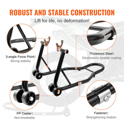 Motorcycle Stand Lift, 0.39 Ton Front Rear Combo Stand Lift Stand, Front and Rear Wheel Fork Stand, U+L Fork Swingarm Spool, Compatible with Most Yamaha Honda Kawasaki Suzuki Motorcycles, Black