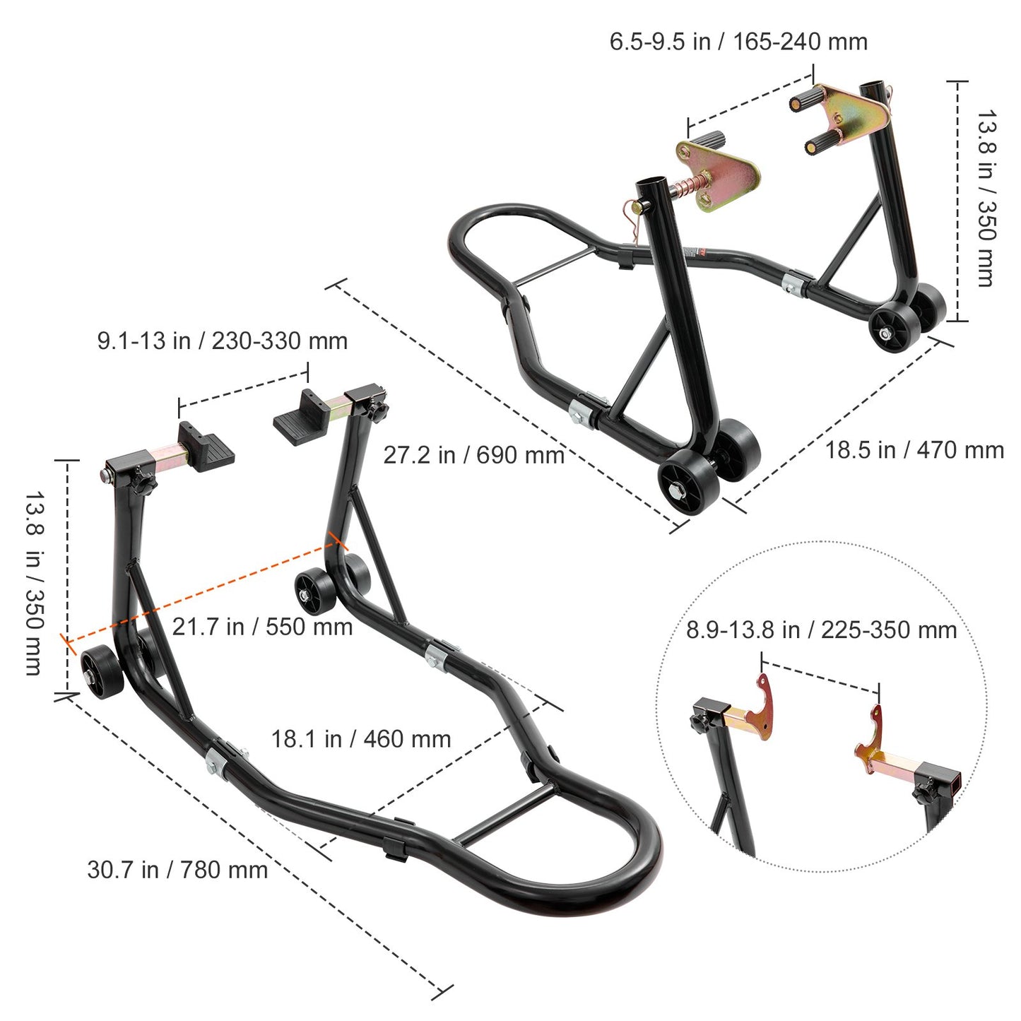 Motorcycle Stand Lift, 0.39 Ton Front Rear Combo Stand Lift Stand, Front and Rear Wheel Fork Stand, U+L Fork Swingarm Spool, Compatible with Most Yamaha Honda Kawasaki Suzuki Motorcycles, Black