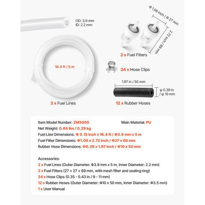 Bränsleslangssats, 5000 mm bränsleledningssats för dieselvärmare, Utbytbara bränsleledningssatser för parkeringsvärmare med ledningar, filter, klämmor och slangar, Tillbehör till tankdieselvärmare för 2KW, 5KW och 8KW värmare |  EU