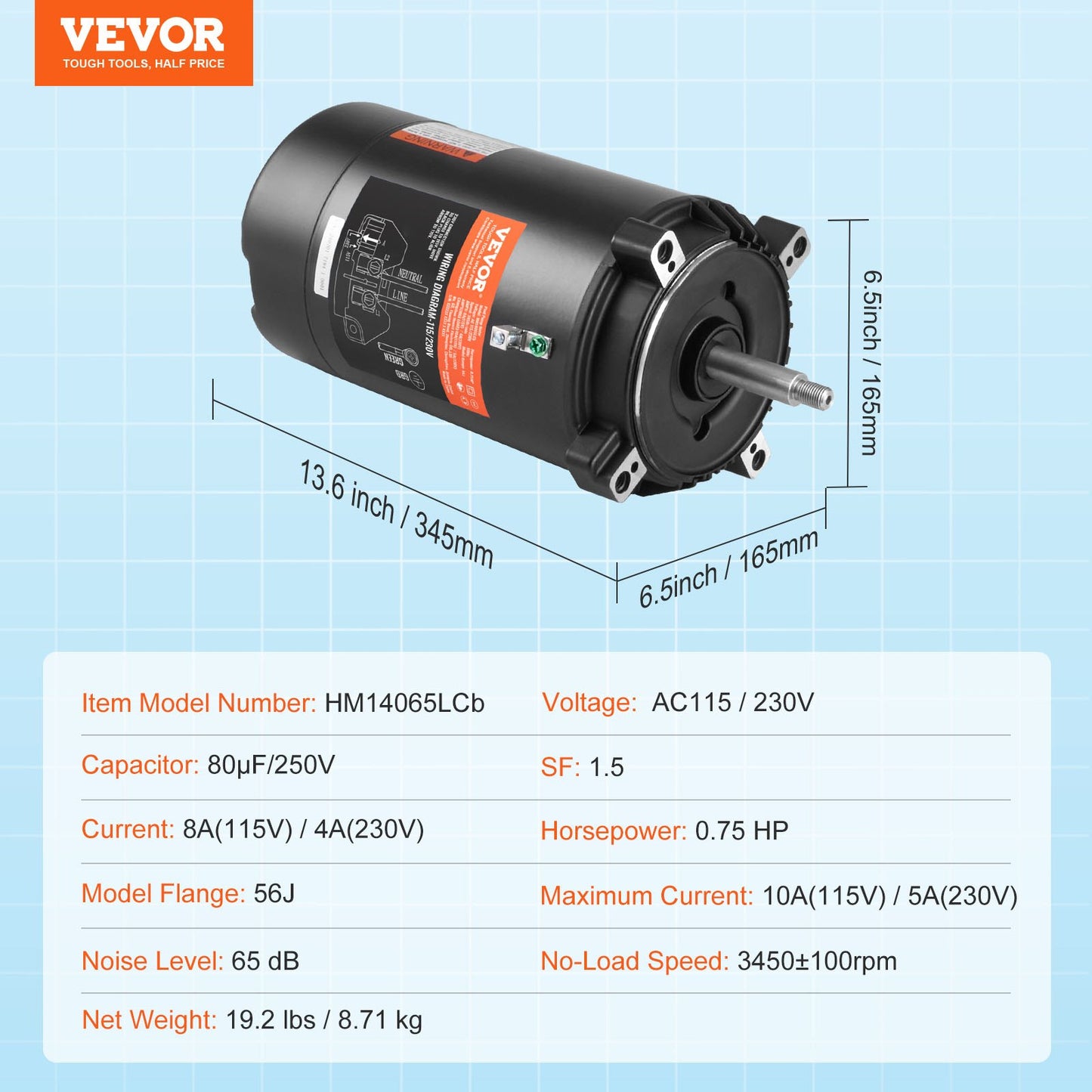 0,75HP Poolpumpmotor 115/230V 8/4 Amp 56J 3450RPM 80μF/250V Kondensator