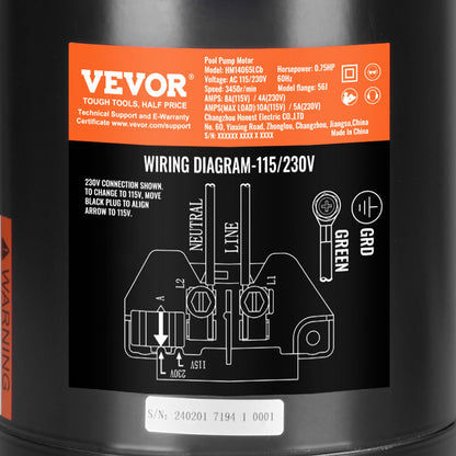 0,75HP Poolpumpmotor 115/230V 8/4 Amp 56J 3450RPM 80μF/250V Kondensator