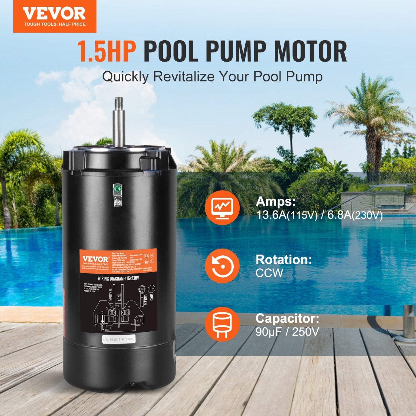 1,5HP Poolpumpmotor 115/230V 13,6/6,8A 56J 3450RPM 90μF/250V Kondensator