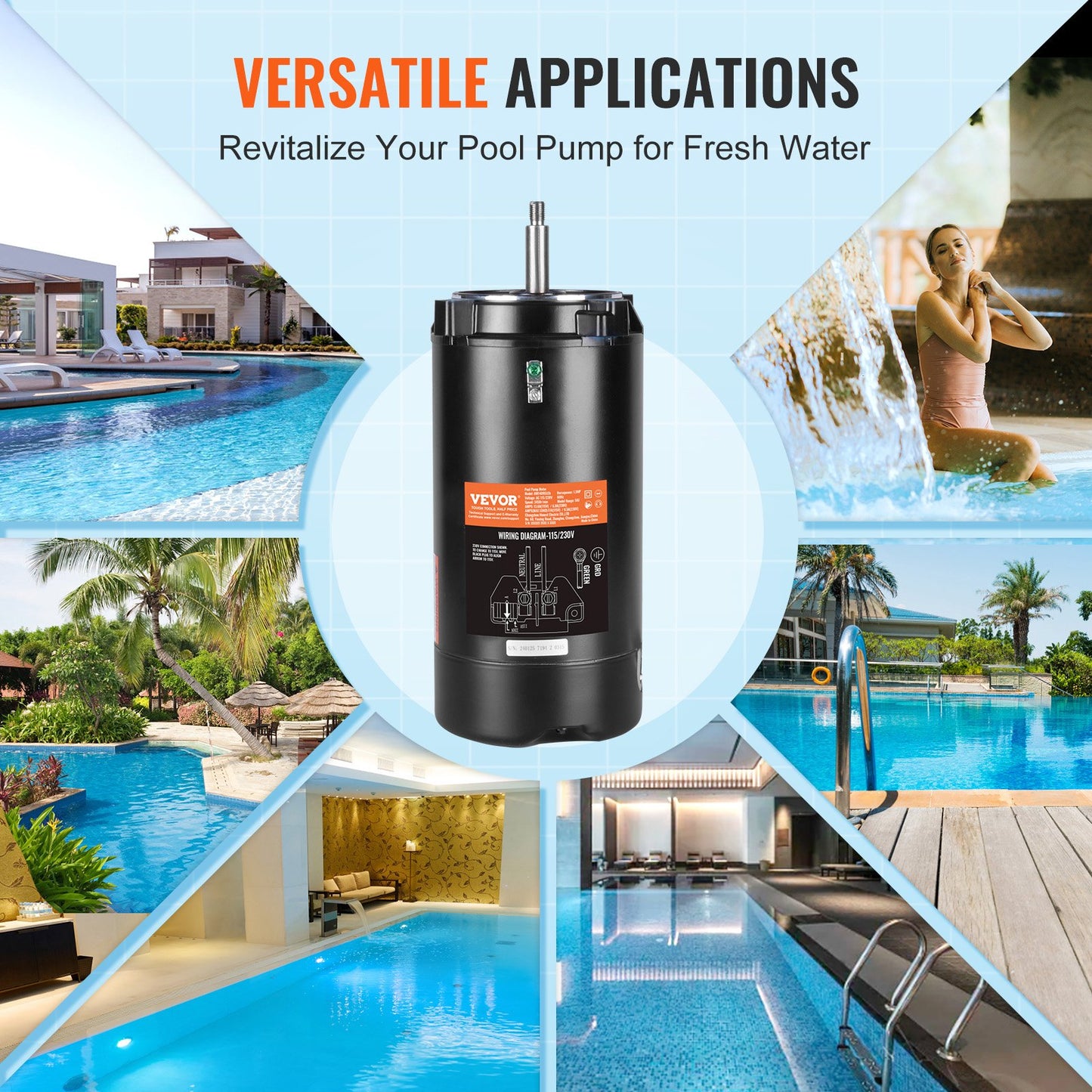 1,5HP Poolpumpmotor 115/230V 13,6/6,8A 56J 3450RPM 90μF/250V Kondensator