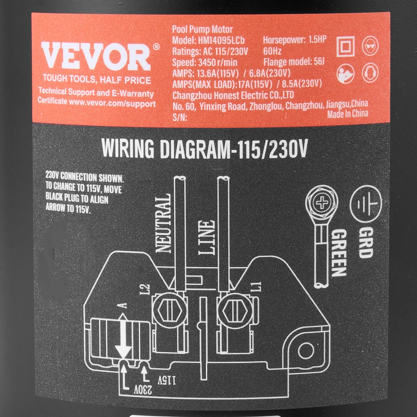 1,5HP Poolpumpmotor 115/230V 13,6/6,8A 56J 3450RPM 90μF/250V Kondensator