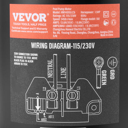 1,5HP Poolpumpmotor 115/230V 13,6/6,8A 56J 3450RPM 90μF/250V Kondensator