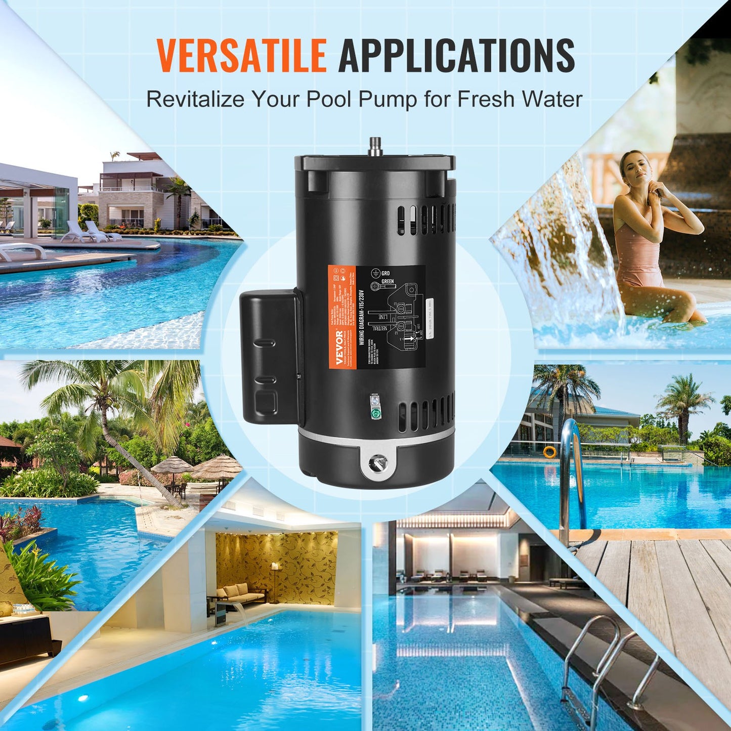 1,5HP poolpumpsmotor 115/230V 12,8/6,4A 56Y 3450RPM 90μF/250V kondensator