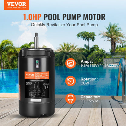 1HP Pool Pump Motor 115/230V 9,8/4,9A 56J 3450RPM 90μF/250V Kondensator