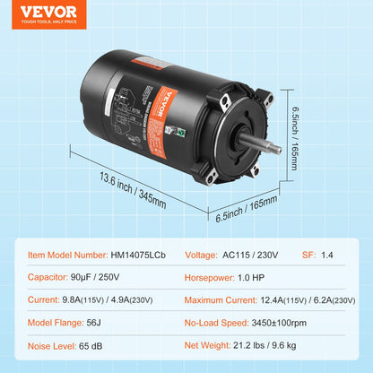 1HP Pool Pump Motor 115/230V 9,8/4,9A 56J 3450RPM 90μF/250V Kondensator