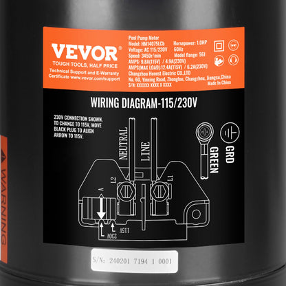1HP Pool Pump Motor 115/230V 9,8/4,9A 56J 3450RPM 90μF/250V Kondensator