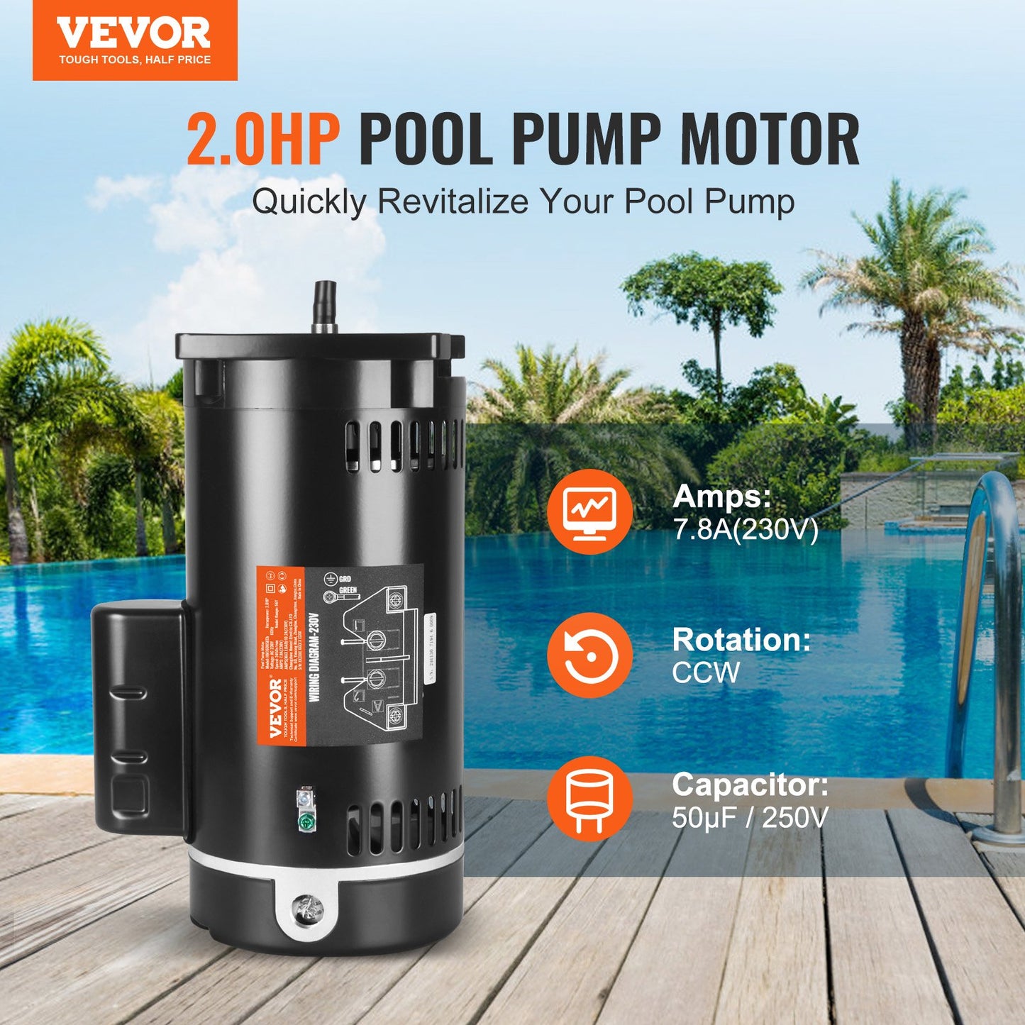 2HP poolpumpsmotor 230V 60Hz 7,8Ampere 56Y 3450RPM 50μF/250V kondensator
