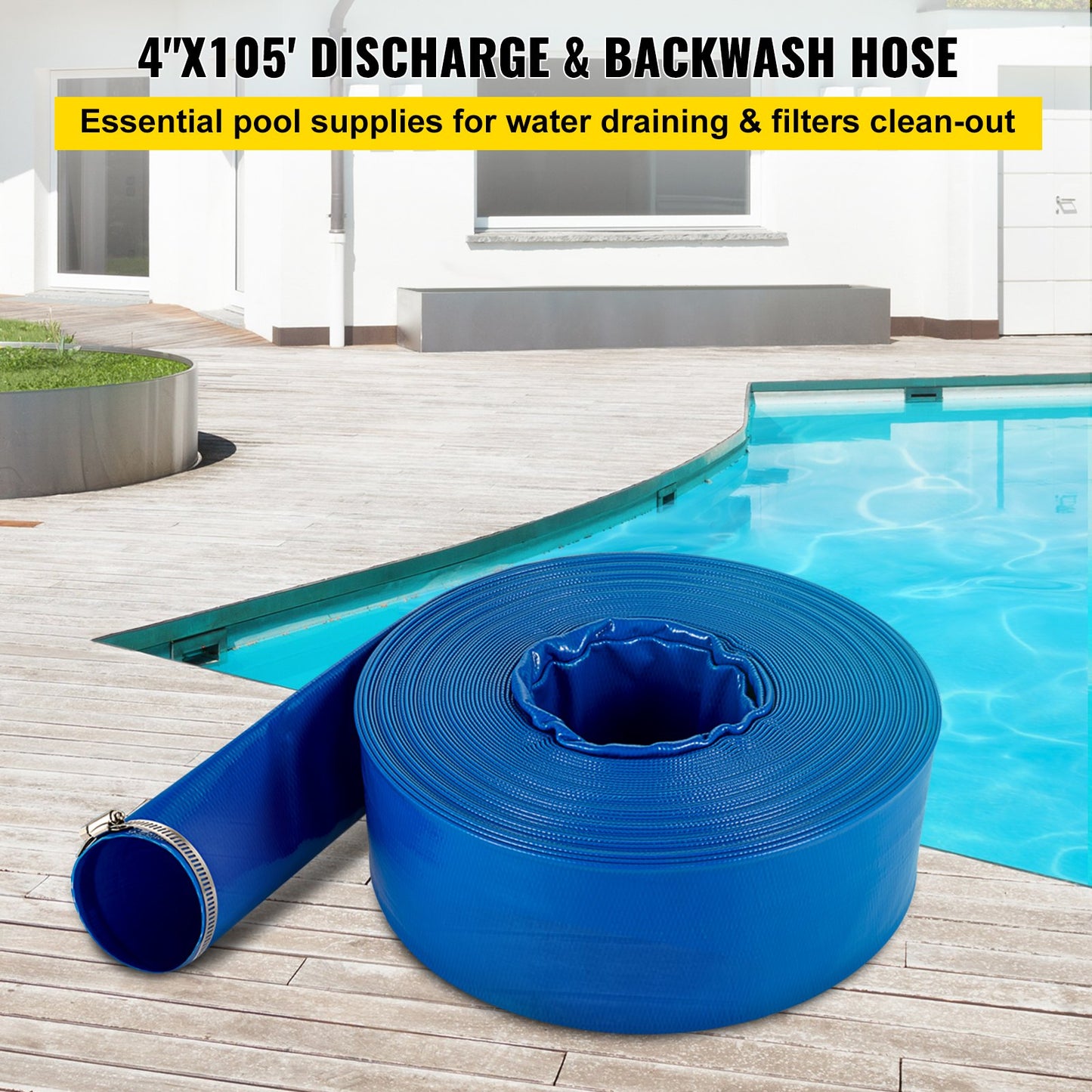 Utloppsslang, 4\" x 105\', PVC Lay Flat Hose, Heavy Duty Backwash Dräneringsslang med klämmor, väderbeständig och sprängsäker, idealisk för pool och vattenöverföring, blå
