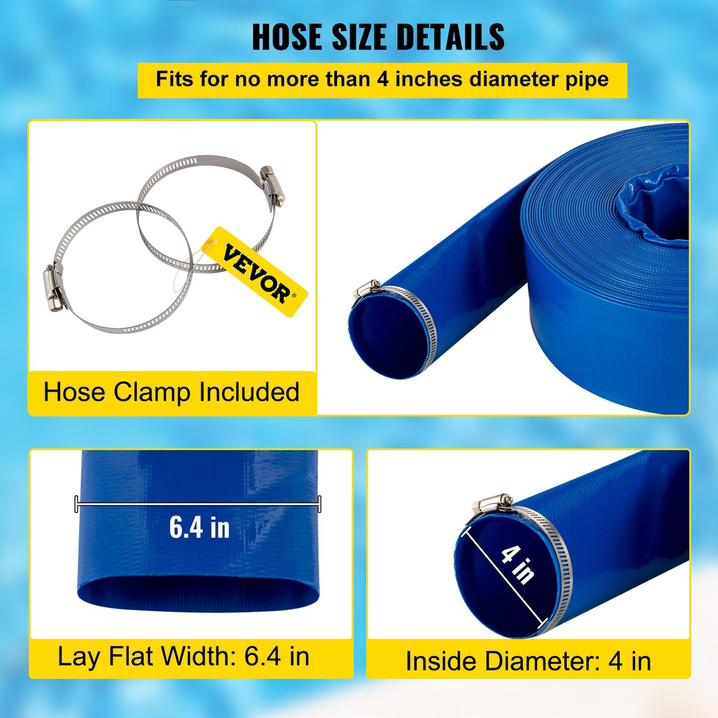 Utloppsslang, 4\" x 105\', PVC Lay Flat Hose, Heavy Duty Backwash Dräneringsslang med klämmor, väderbeständig och sprängsäker, idealisk för pool och vattenöverföring, blå
