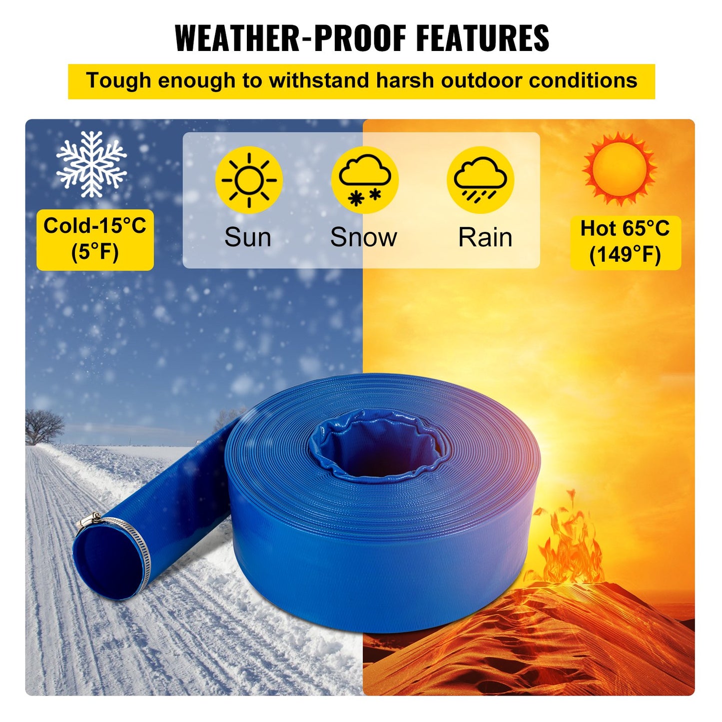 Utloppsslang, 4\" x 105\', PVC Lay Flat Hose, Heavy Duty Backwash Dräneringsslang med klämmor, väderbeständig och sprängsäker, idealisk för pool och vattenöverföring, blå