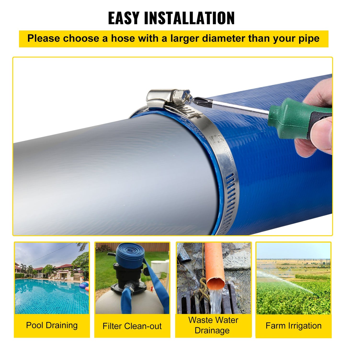 Utloppsslang, 4\" x 105\', PVC Lay Flat Hose, Heavy Duty Backwash Dräneringsslang med klämmor, väderbeständig och sprängsäker, idealisk för pool och vattenöverföring, blå