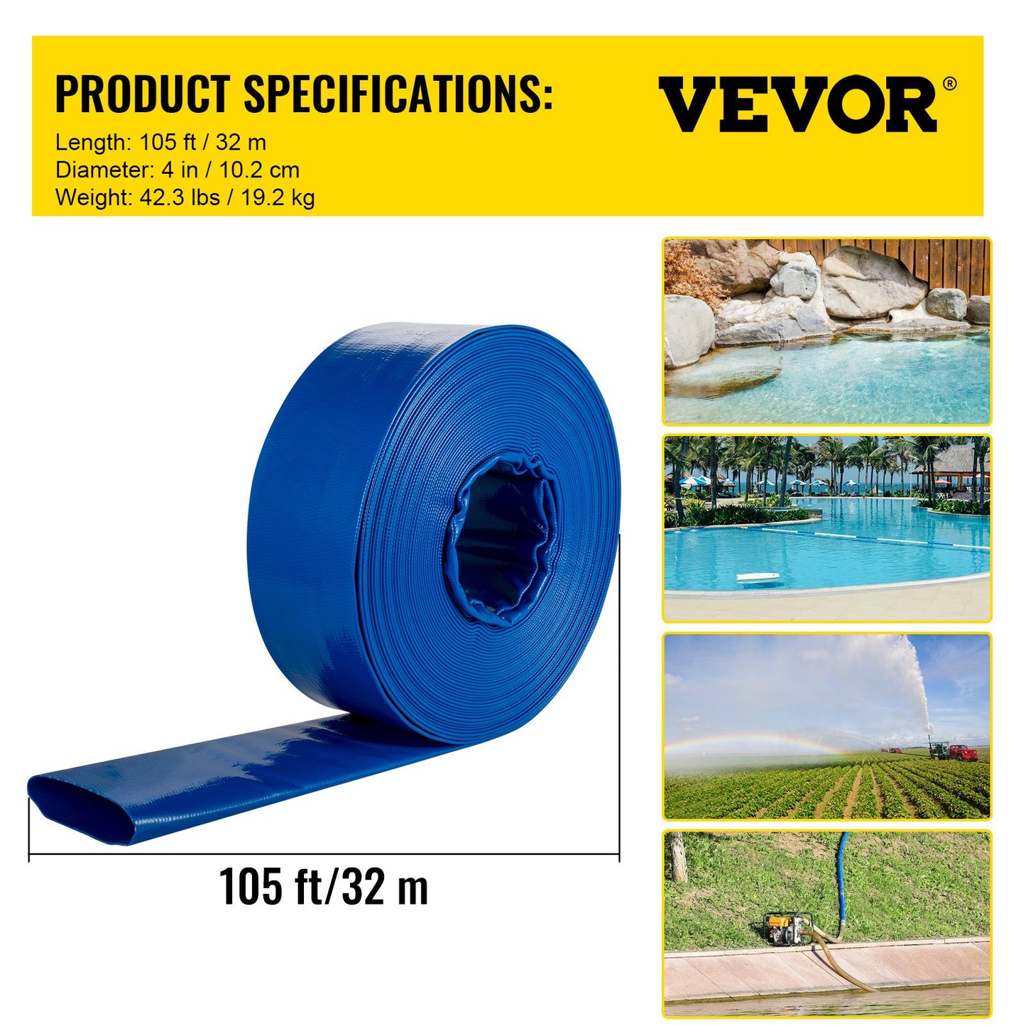 Utloppsslang, 4\" x 105\', PVC Lay Flat Hose, Heavy Duty Backwash Dräneringsslang med klämmor, väderbeständig och sprängsäker, idealisk för pool och vattenöverföring, blå