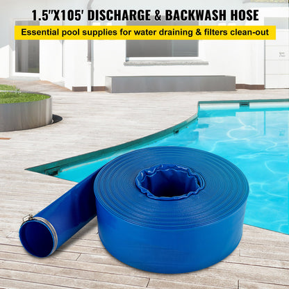 Utloppsslang, 1-1/2" x 105', PVC-tygslang för läggning av platt tyg, kraftig återspolningsslang med klämmor, väderbeständig och sprängsäker, idealisk för simbassäng och vattenöverföring, blå