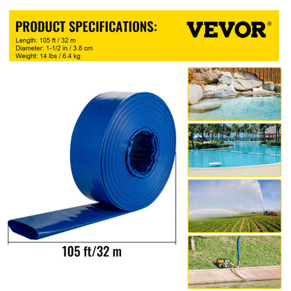 Utloppsslang, 1-1/2" x 105', PVC-tygslang för läggning av platt tyg, kraftig återspolningsslang med klämmor, väderbeständig och sprängsäker, idealisk för simbassäng och vattenöverföring, blå
