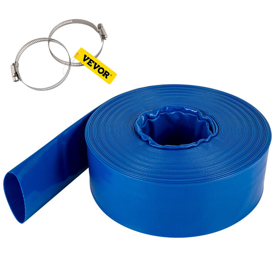 Utloppsslang, 1-1/2" x 105', PVC-tygslang för läggning av platt tyg, kraftig återspolningsslang med klämmor, väderbeständig och sprängsäker, idealisk för simbassäng och vattenöverföring, blå