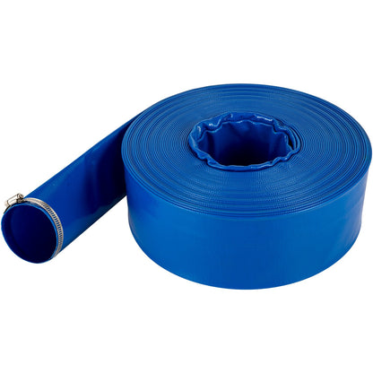 Utloppsslang, 1-1/2" x 105', PVC-tygslang för läggning av platt tyg, kraftig återspolningsslang med klämmor, väderbeständig och sprängsäker, idealisk för simbassäng och vattenöverföring, blå