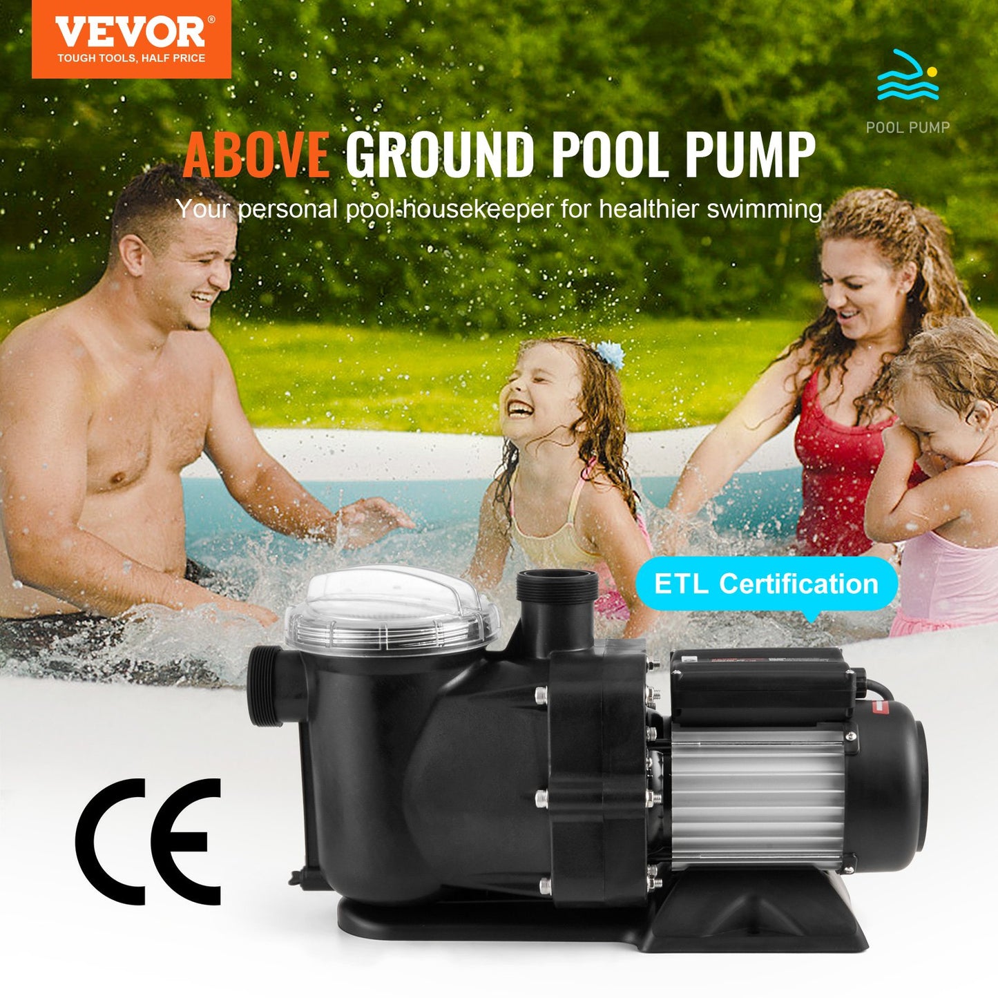 Above Ground Swimming Pool Pump, 1500W/2.0HP, 115G PM Single Speed Swimming Pool Pump, Hastighet 2850RPM, Lift Head Pool Pump 15m Max. med filterkorg, för pooler ovan mark, spa