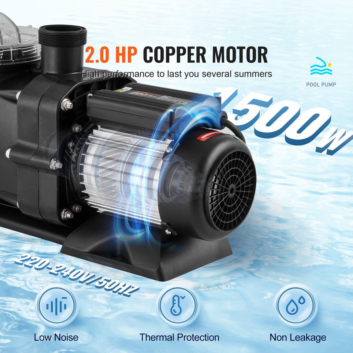 Above Ground Swimming Pool Pump, 1500W/2.0HP, 115G PM Single Speed Swimming Pool Pump, Hastighet 2850RPM, Lift Head Pool Pump 15m Max. med filterkorg, för pooler ovan mark, spa