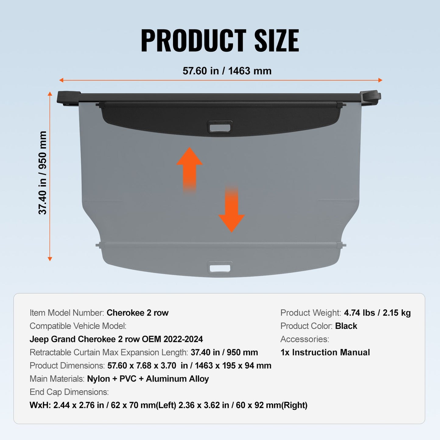Retractable cargo cover for Jeep Grand Cherokee 2 Row 2022-2024 OEM design