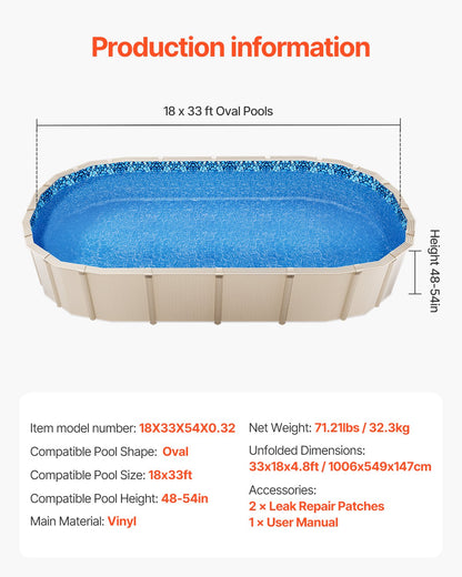 Oval Pool Liner 18x33ft Overlapp Style Pool Liner 54in Vägghöjd