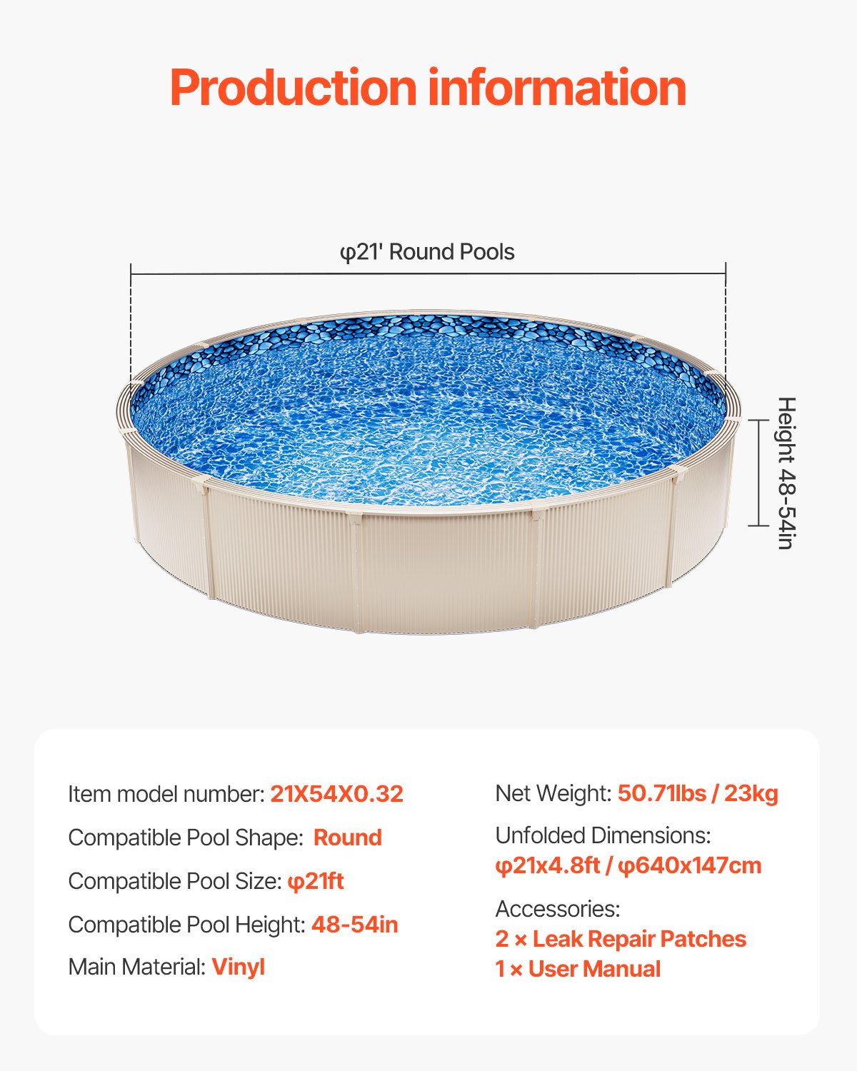 Round Pool Liner 21ft Overlapp Style Pool Liner 54in Vägghöjd