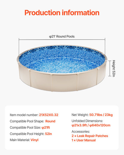 Round Pool Liner 21ft Unibead Style Pool Liner 52in Vägghöjd