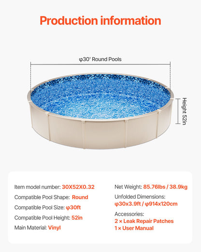 Round Pool Liner 30ft Unibead Style Pool Liner 52in Wall Height