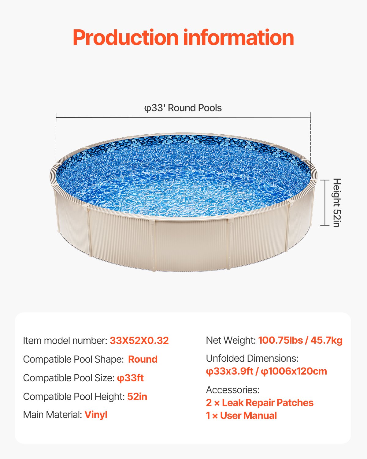 Round Pool Liner 33ft Unibead Style Pool Liner 52in Wall Height